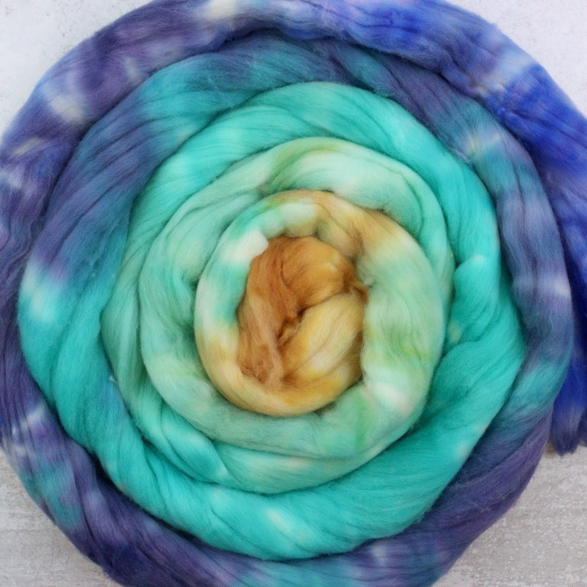 Hand dyed rambouillet spinning fiber in blue and tan