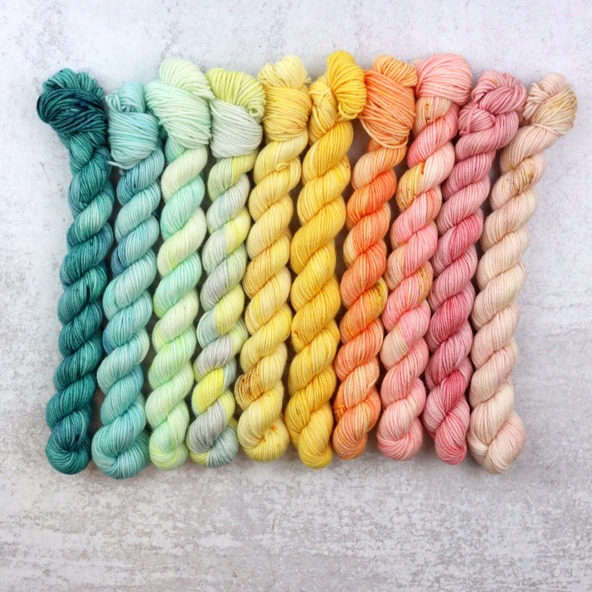 Hand dyed mini skein collection in bright candy like colors
